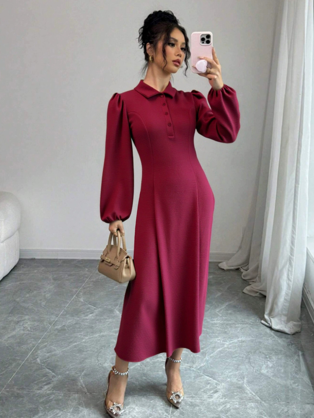 ZARA Premium Minimalist Solid Lantern Sleeve Long Dress Slim Single Breasted